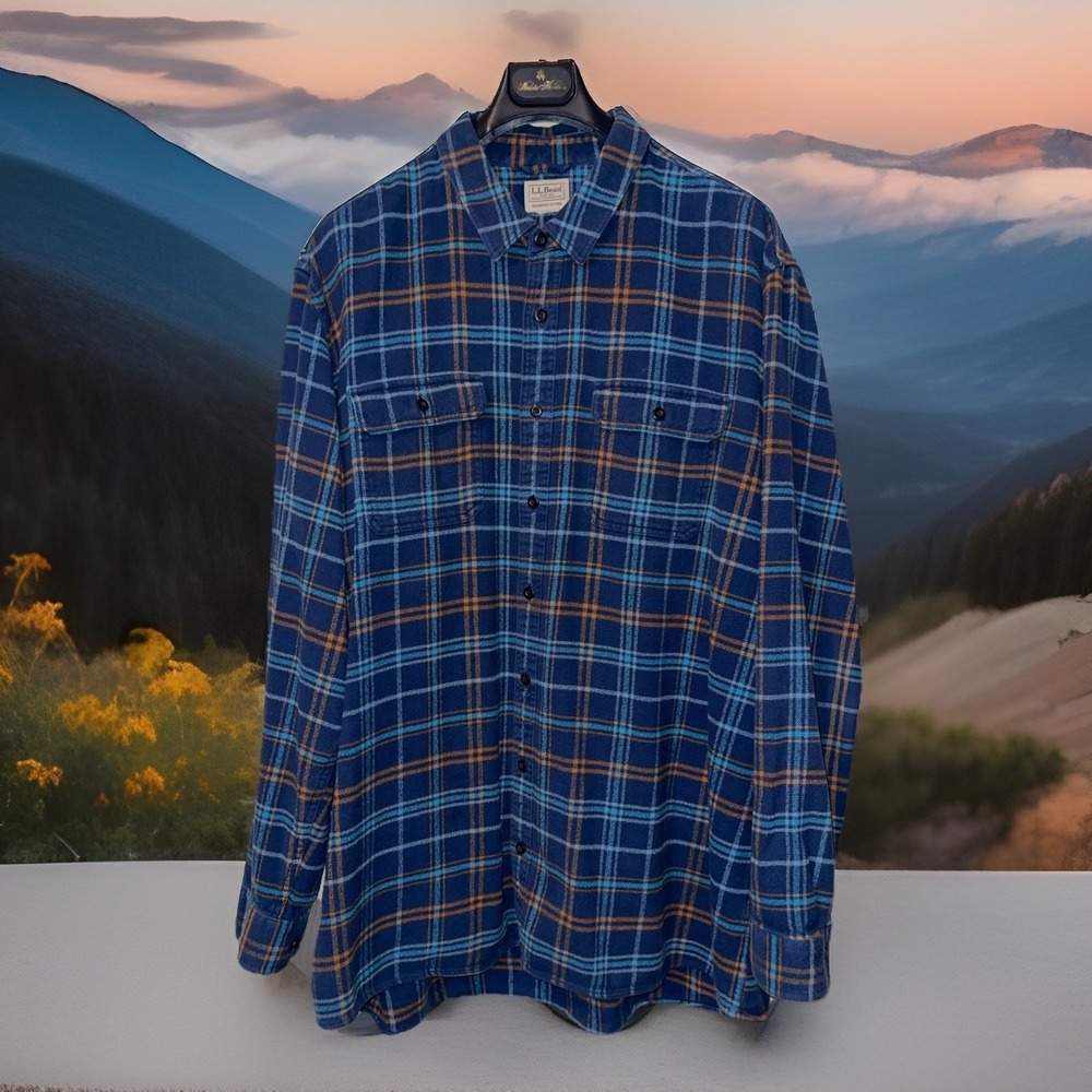 LL Bean Slightly Fitted Flannel Shirt Men 3XL‎ Blue Plaid Cabincore Lumberjack